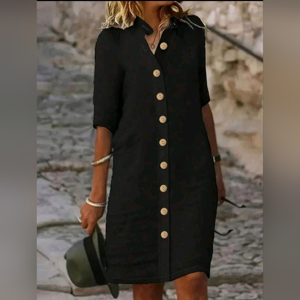 SHEIN Black Midi Dress with Button Detail